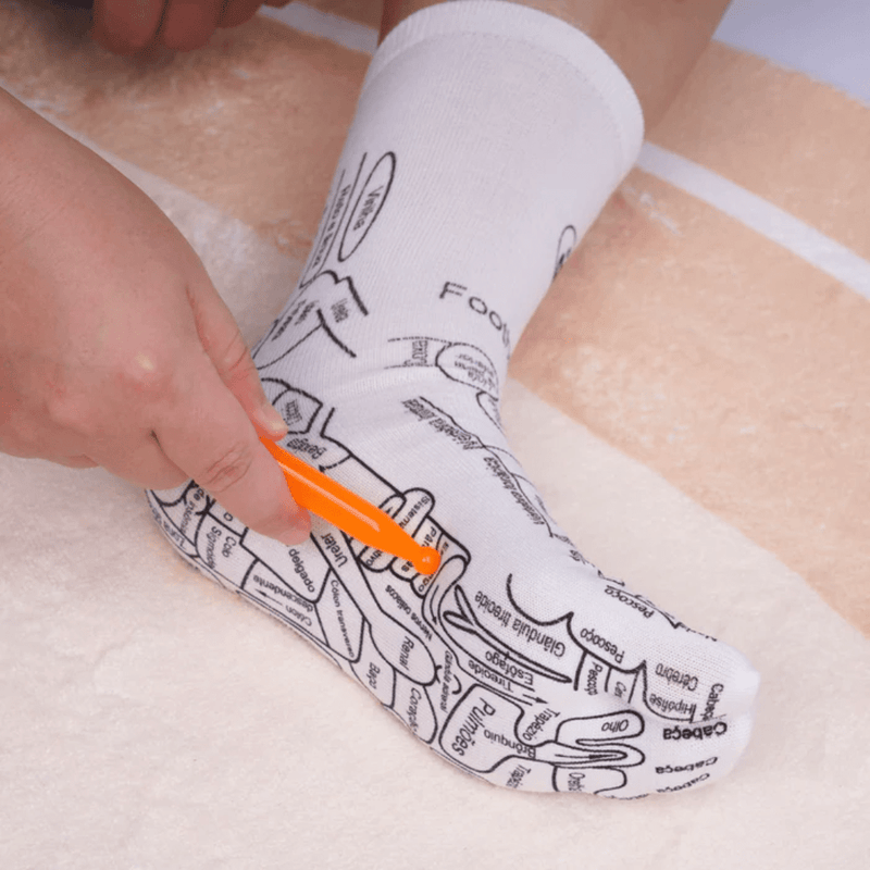 Kit Reflexologia Completo: Meias com Mapa Podal Guia + Massageador Terapêutico Manual – Alívio do Estresse