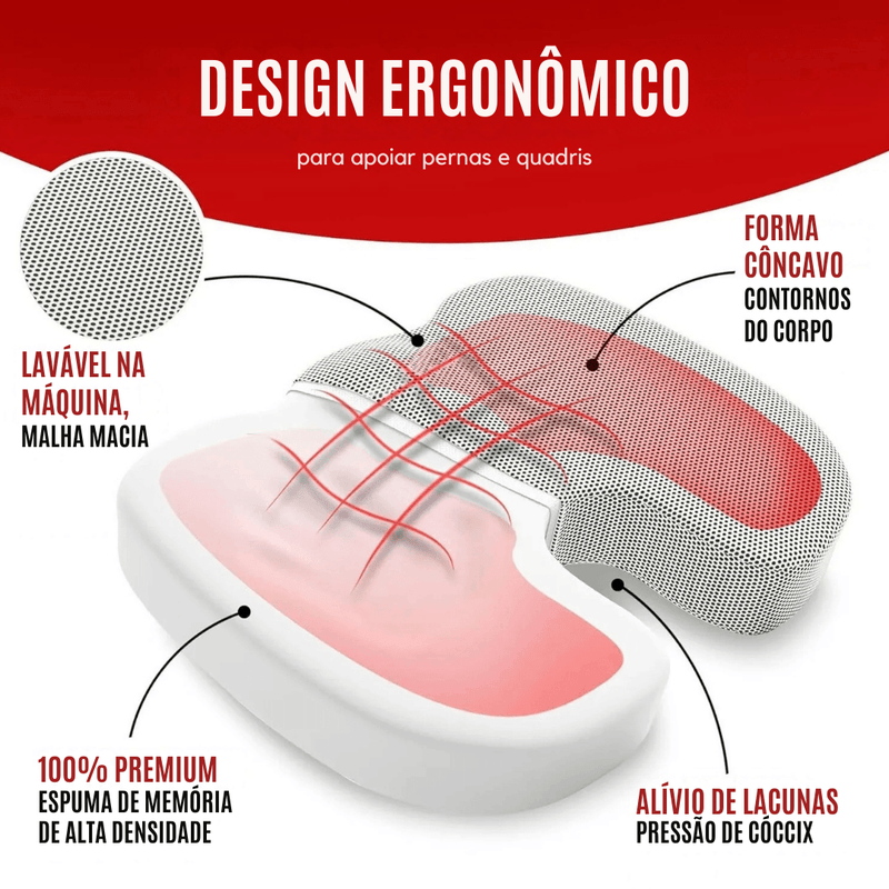Almofada Ortopédica Assento – Espuma de Memória, Alívio Dores Cóccix e Ciática, Uso em Escritório