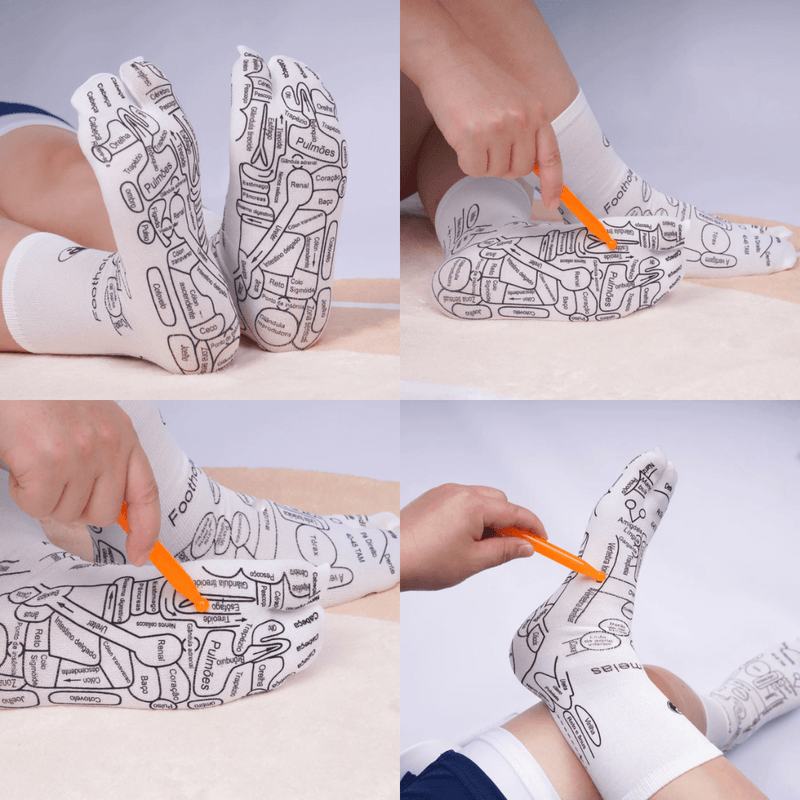 Kit Reflexologia Completo: Meias com Mapa Podal Guia + Massageador Terapêutico Manual – Alívio do Estresse