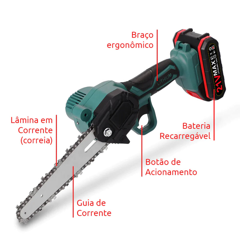 Mini Motoserra Elétrica Portátil com Bateria Recarregável + 1 Bateria de Brinde